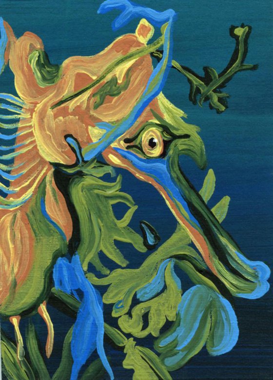 ACEO ATC Original Painting Leafy Sea Dragon Seahorse Fish Marine Art-Carla Smale