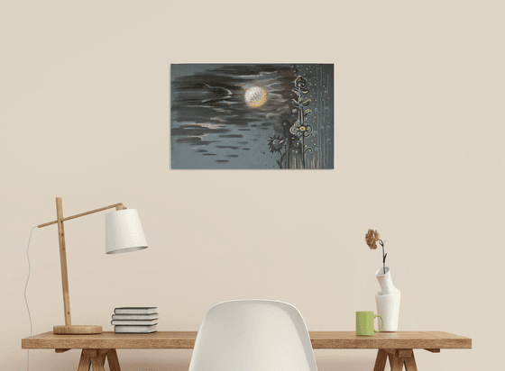 The Moon swallowers, abstract conceptual drawing with ornament