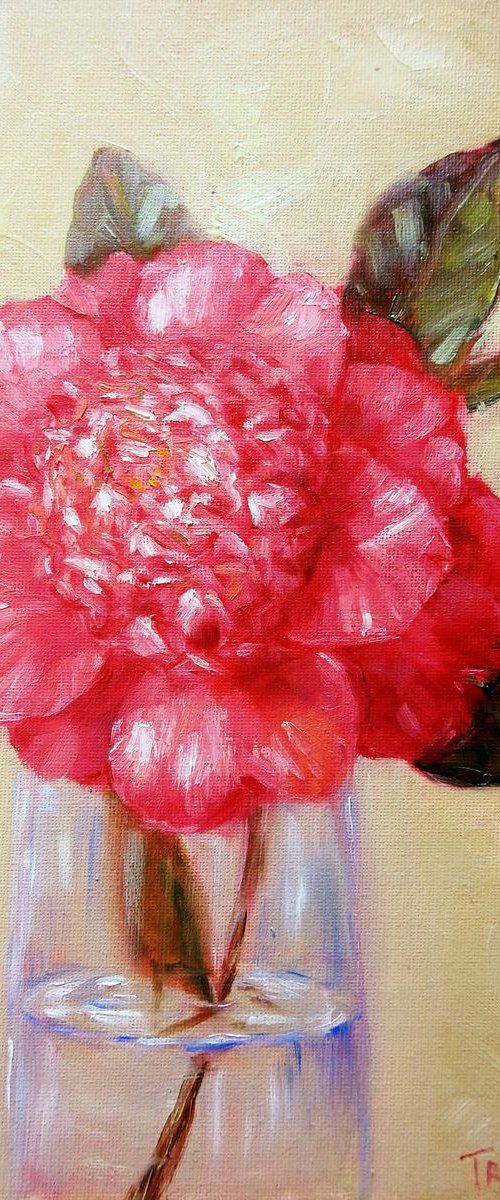 Camellia Flower in Glass Vase Original Oil Painting Stady by Olga Tretyak