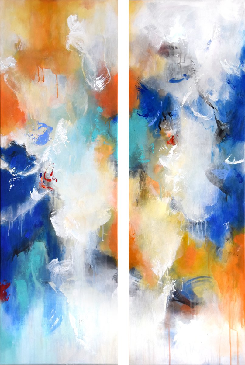 Abstract Acrylic Painting By Kirsten Handelmann, 31 X 47", Search Inside (Diptych), Original Artwork