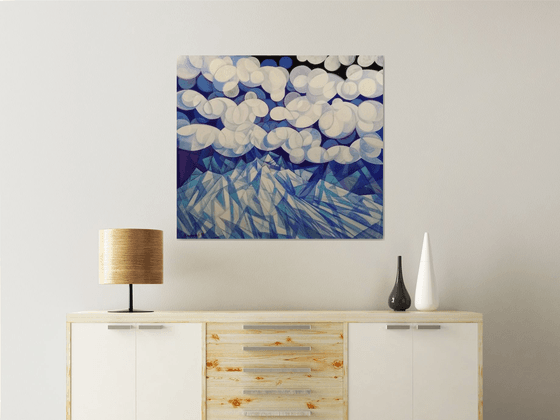 Winter evening (90x80cm, cubism, oil painting, ready to hang)