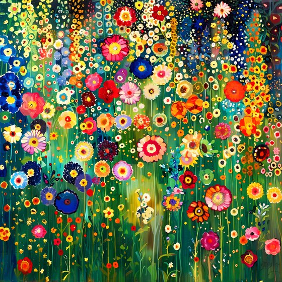 Klimt's garden. Colorful abstract floral painting with vivid flowers