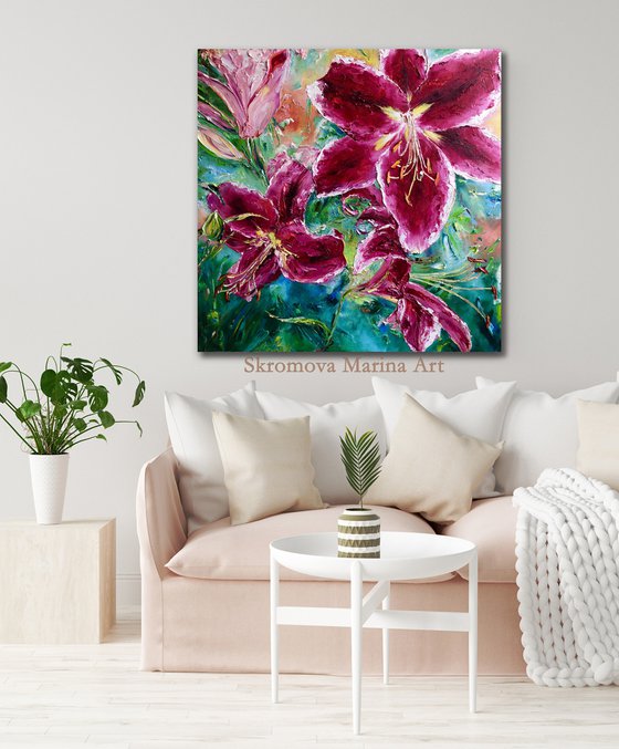 LUXURIOUS INFLORESCENCES OF LILIES - Bright landscape. Large buds. Pink lilies. Floral abstraction. Macro flowers. Blooming. Graceful.