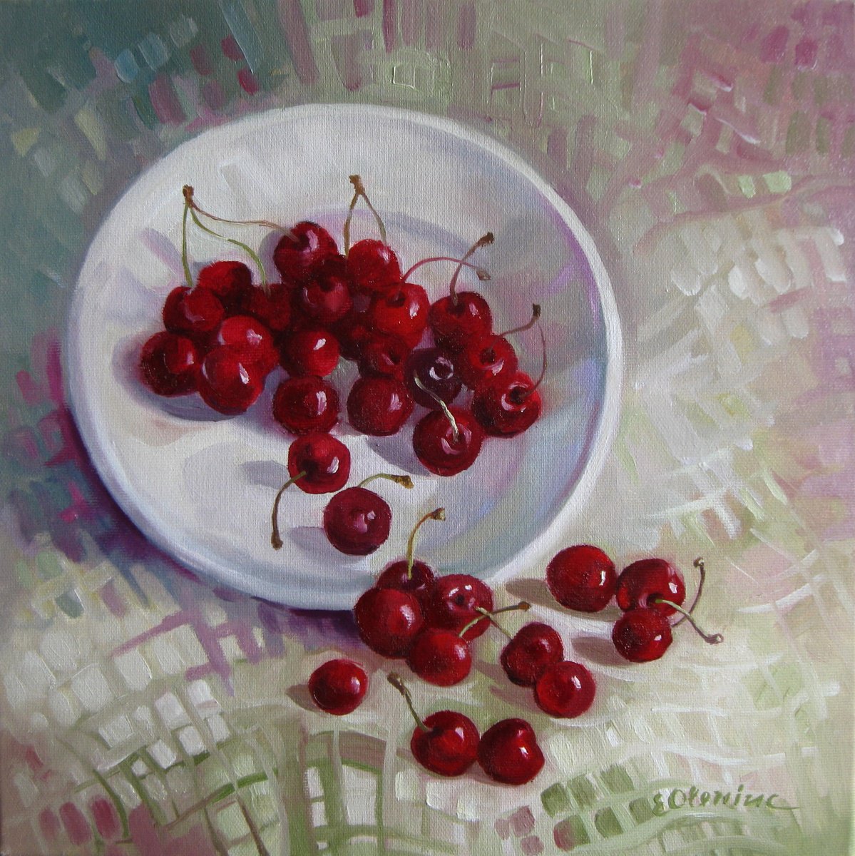 Impressionistic Still Life Oil Painting By Elena Oleniuc, 14 X 14, Plate With Cherries, Original Artwork