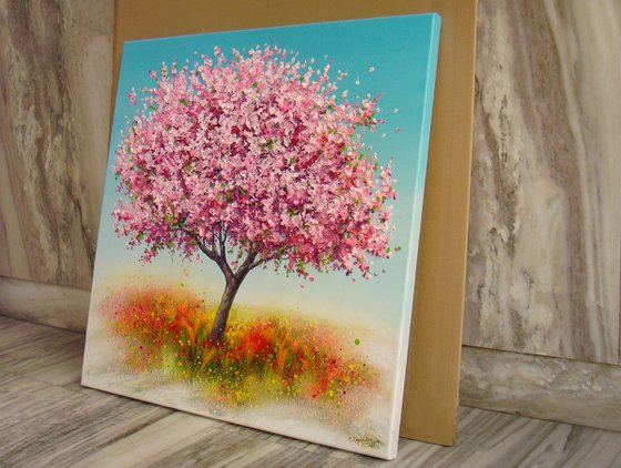 ”Spring Blooming Tree” 35.4" Large Mixed Media Painting