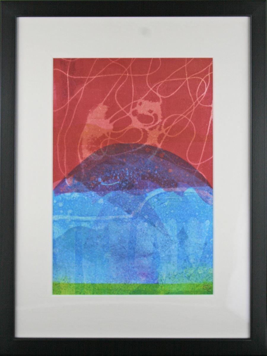 Electric Red Sky - Framed 40cm (16) x 30 cm (12) Original Signed Monotype by Dawn Rossiter