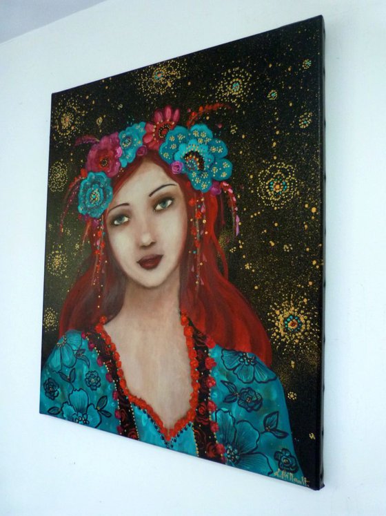 Sweet Norma, acrylic on canvas , bohemian redhair woman