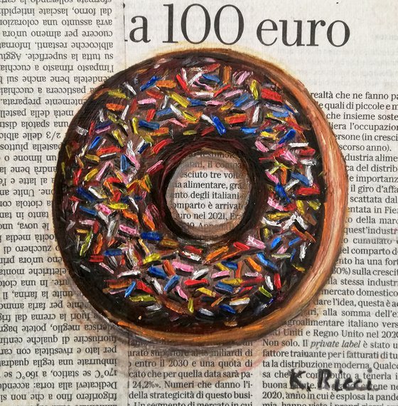 "Brown Donut on Newspaper" Original Oil on Canvas Board Painting 6 by 6 inches (15x15 cm)