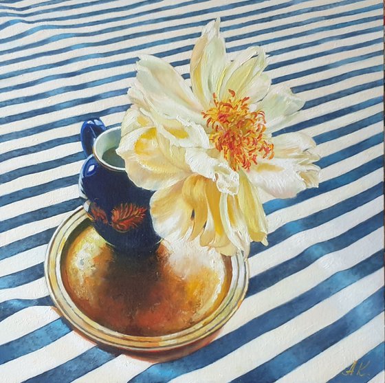 "Chameleon peony in a blue vase." still life peony old vase summer  liGHt original painting  GIFT (2020)