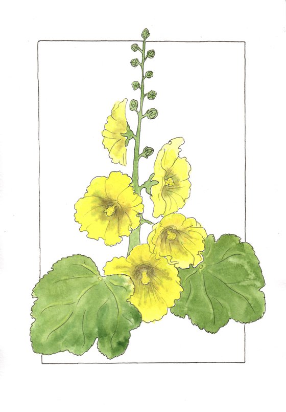 Flowers original watercolor - Yellow mallow illustration - Floral mixed media drawing - Gift idea