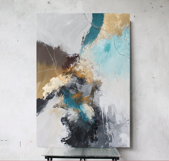 "Blue Rime 2" Teal gray gold abstract acrylic
