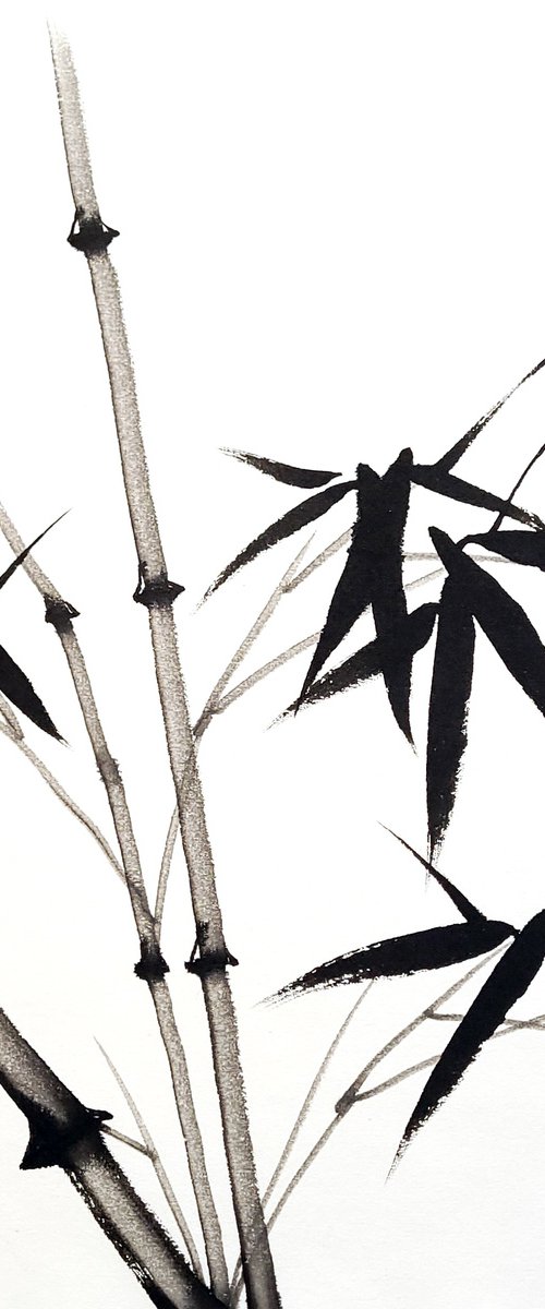 Three trunks of bamboo  - Bamboo series No. 2103 - Oriental Chinese Ink Painting by Ilana Shechter