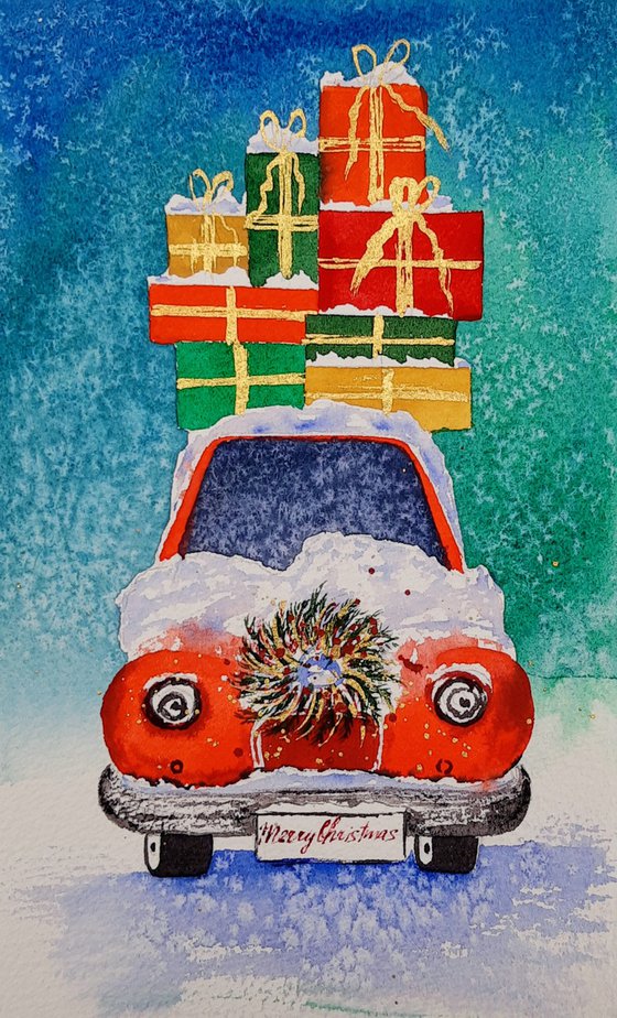 Christmas Postcards hand-made. The car with many presents