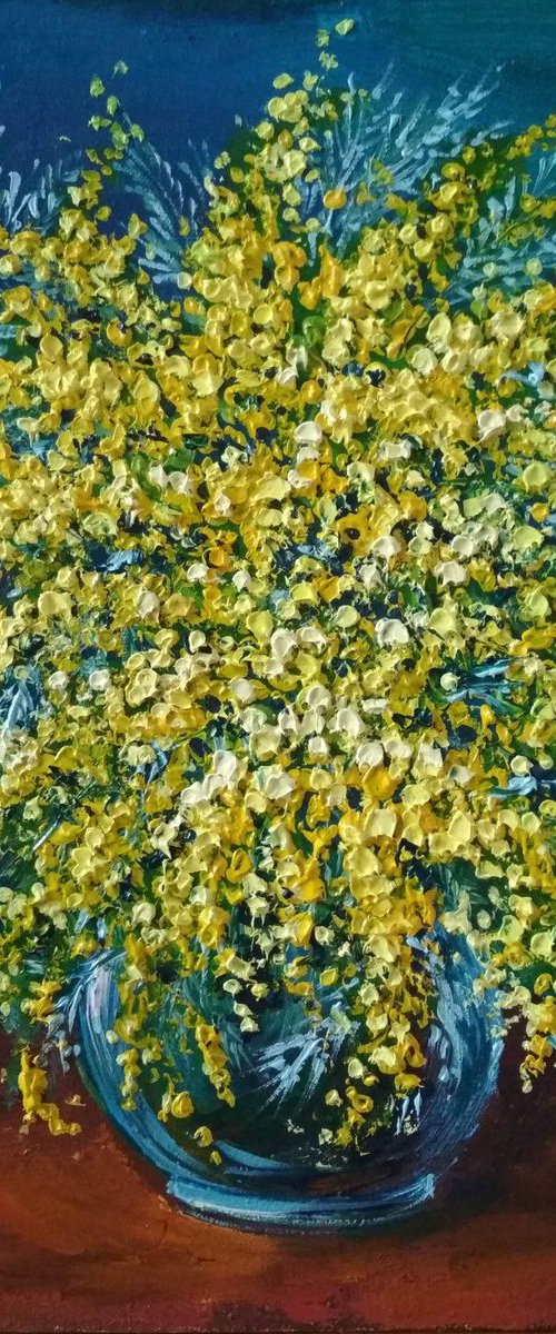 "Still Life with Mimosa." SEA original painting palette knife GIFT MODERN URBAN ART OFFICE ART DECOR HOME DECOR GIFT IDEA (2019) by Andrej  Ostapchuk