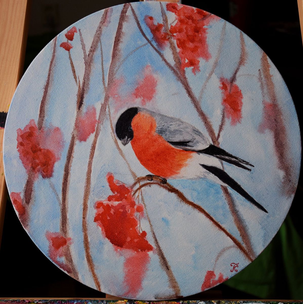 Round watercolor painting on canvas Bird Bullfinch on winter tree by Kate Grishakova