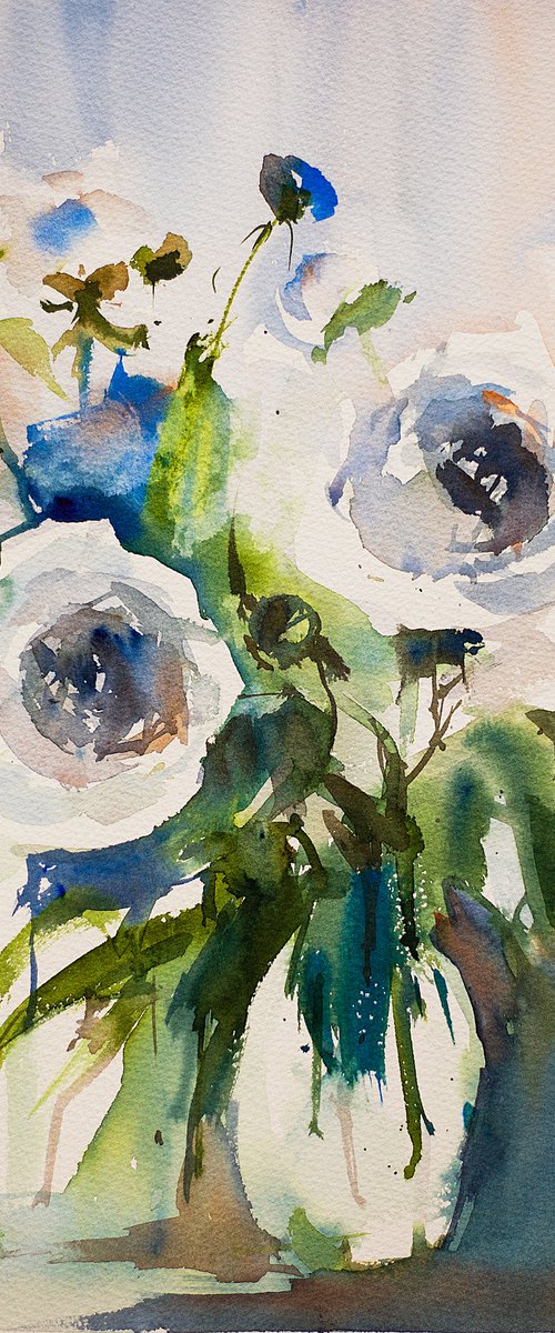 White peonies. Original Watercolor. Small painting budget blue green abstract by Sasha Romm