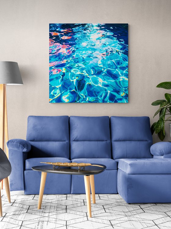 Sea ocean blue color waves with bright sun glares water reflections. Impressionistic artwork. Large wall art home decor. Art Gift