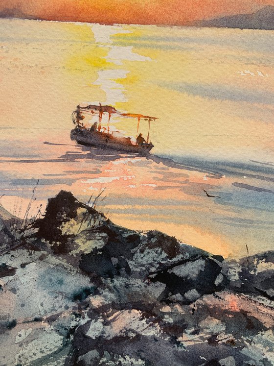 Sunset on the sea, Fishermen