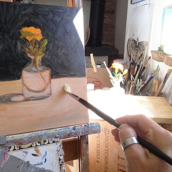 My Little Marigold in Glass Bottle Orange Flower Still Life Oil Painting