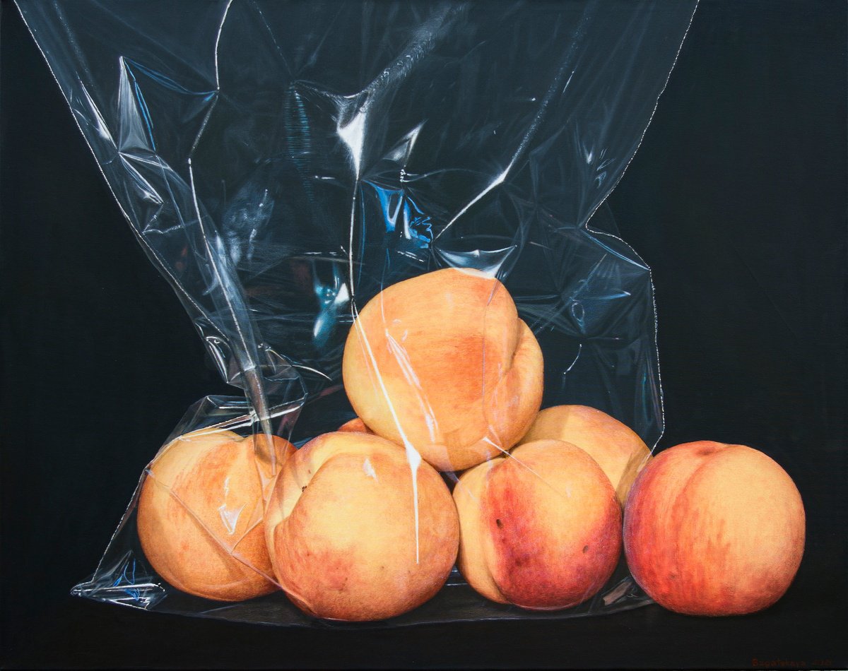 Photorealistic Still Life Acrylic Painting By Nataliya Bagatskaya, 39 X 31", Just Tender Peaches..., Original Artwork