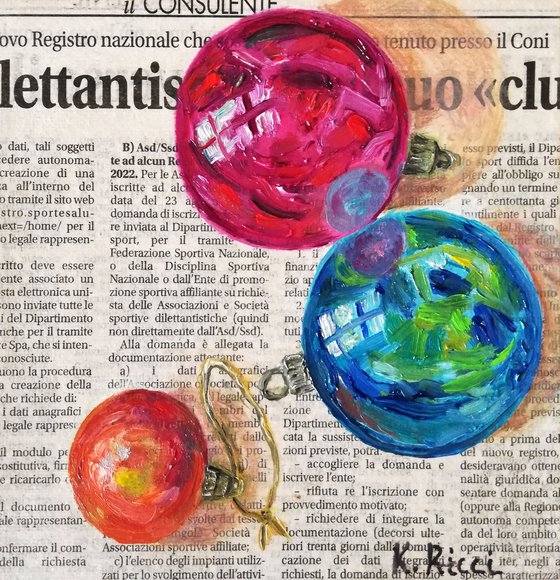 "Christmas Balls on Newspaper" Original Oil on Canvas Board Painting 6 by 6 inches (15x15 cm)