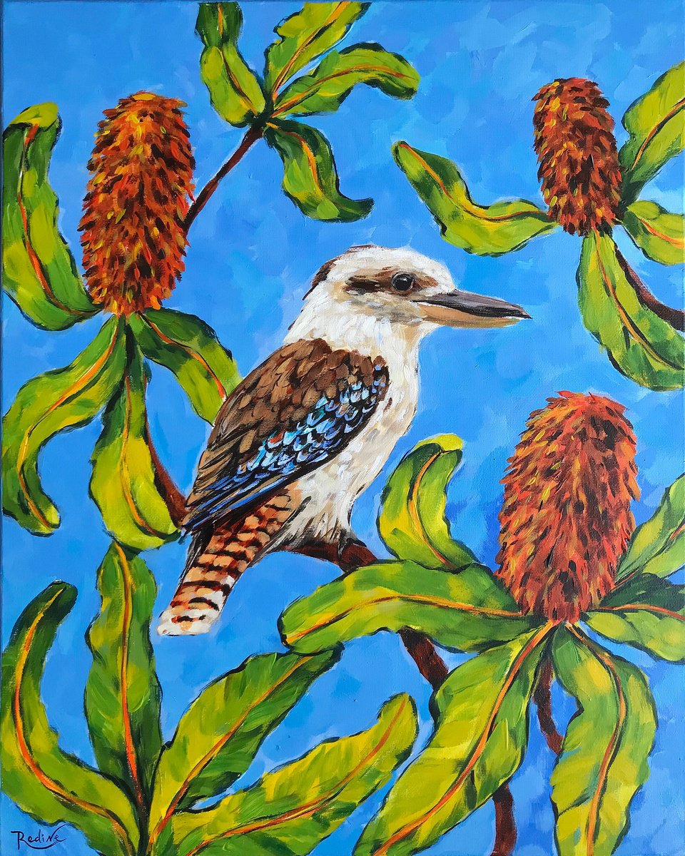 Impressionistic Animal Acrylic Painting By Irina Redine, 16 X 20, Kookaburra In Banksia, Original Artwork