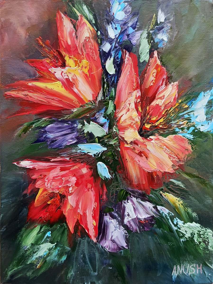 Impressionistic Botanical Oil Painting By Anush Emiryan, 12 X 16, Textured Flowers, Original Artwork