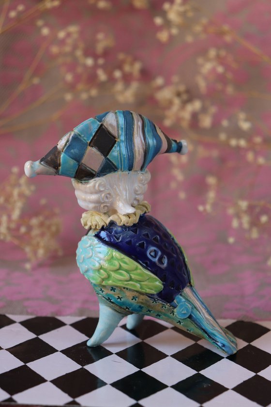 Harlequin  Bird. Ceramic sculpture.
