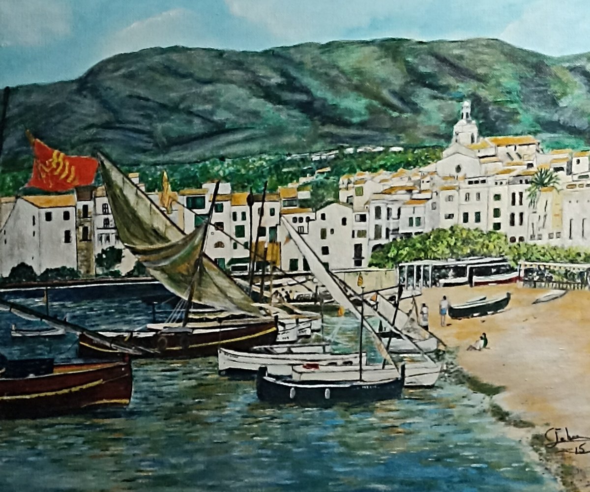 Photorealistic Landscape Oil Painting By Isabelle Lucas, 22 X 19, White Village And Boats, Original Artwork