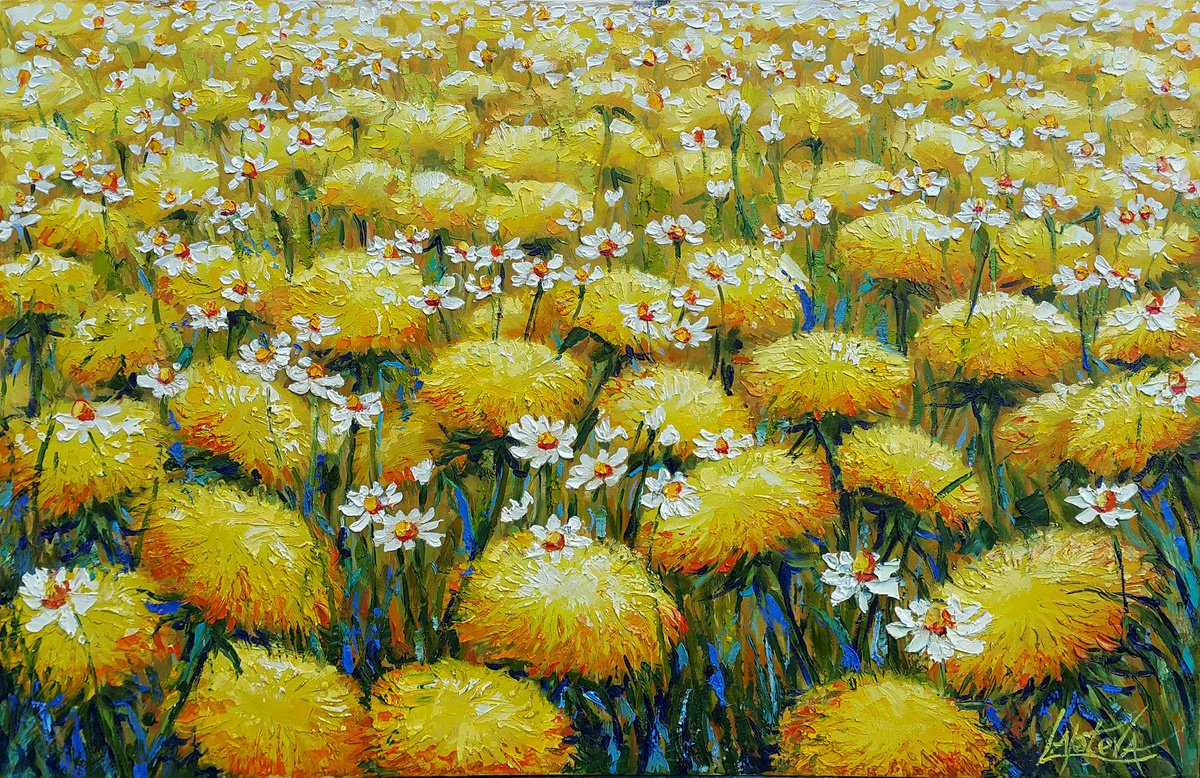 Organic Botanical Oil Painting By Viktoria Lapteva, 31 X 20", Dandelions And Daisies, Original Artwork