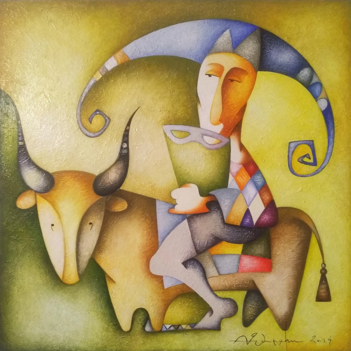 Naive Portrait Oil Painting By Sargis Zakarian, 24 X 24", The Kind Bull, Original Artwork