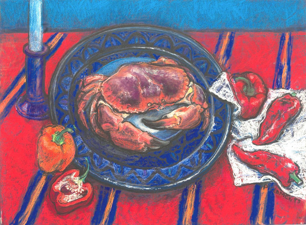 Crab, candle and Chilies on red by Patricia Clements