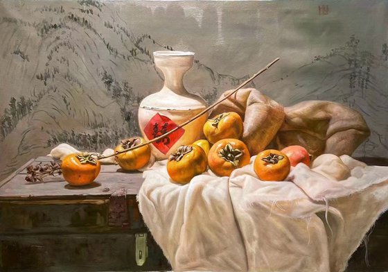 Realism still life painting:China with Persimmons c156