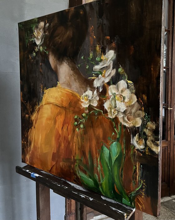 ORANGE KIMONO WHITE ORCHIDS