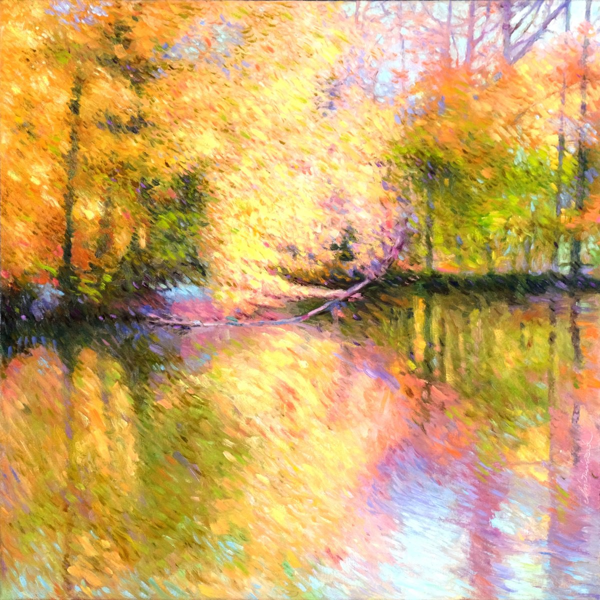 Impressionistic Landscape Oil Painting By Richard Mierniczak, 31 X 31", Autumn Trees, Original Artwork
