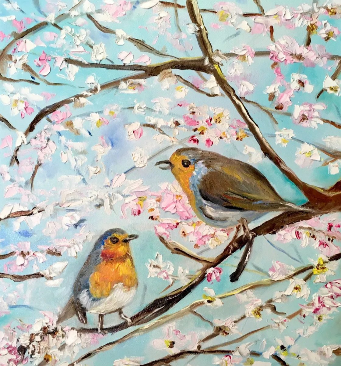Impressionistic Animal Oil Painting By Olga Koval, 16 X 18", Spring, Cherry Blossom, Original Artwork