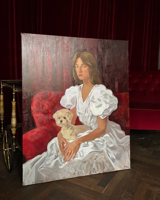 Portrait of a woman with maltese dog