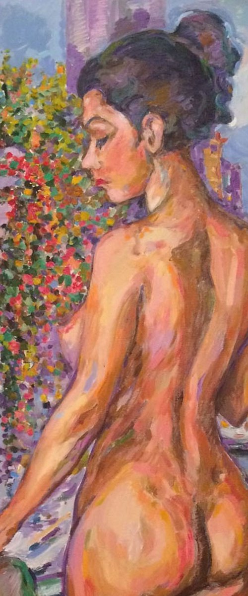 NUDE ON A BALCONY IN VENICE - nude art, original painting, oil on canvas, erotic, large size 170x84 by Karakhan