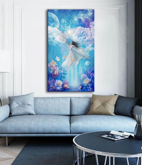 "The cycle of life", woman underwater painting, universe art