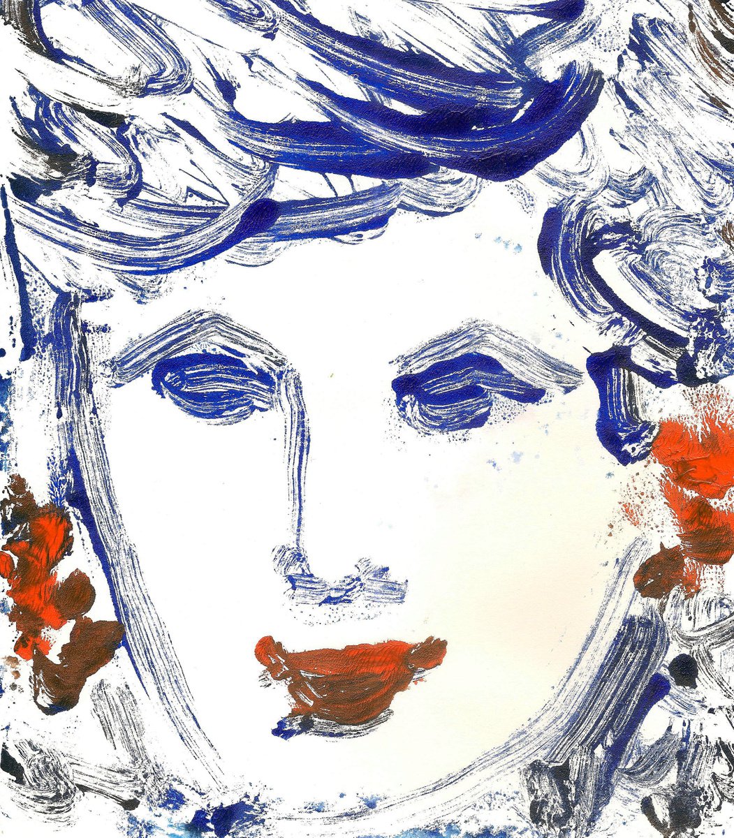 Portrait of a woman - Classic Blue Woman II  - Monotype Print by Asha Shenoy