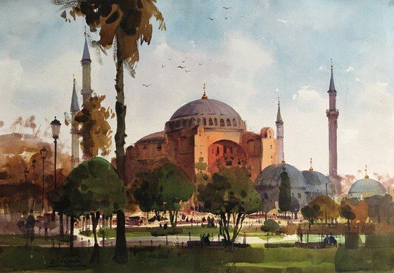 Hagia Sophia of Istanbul cityscape original watercolor