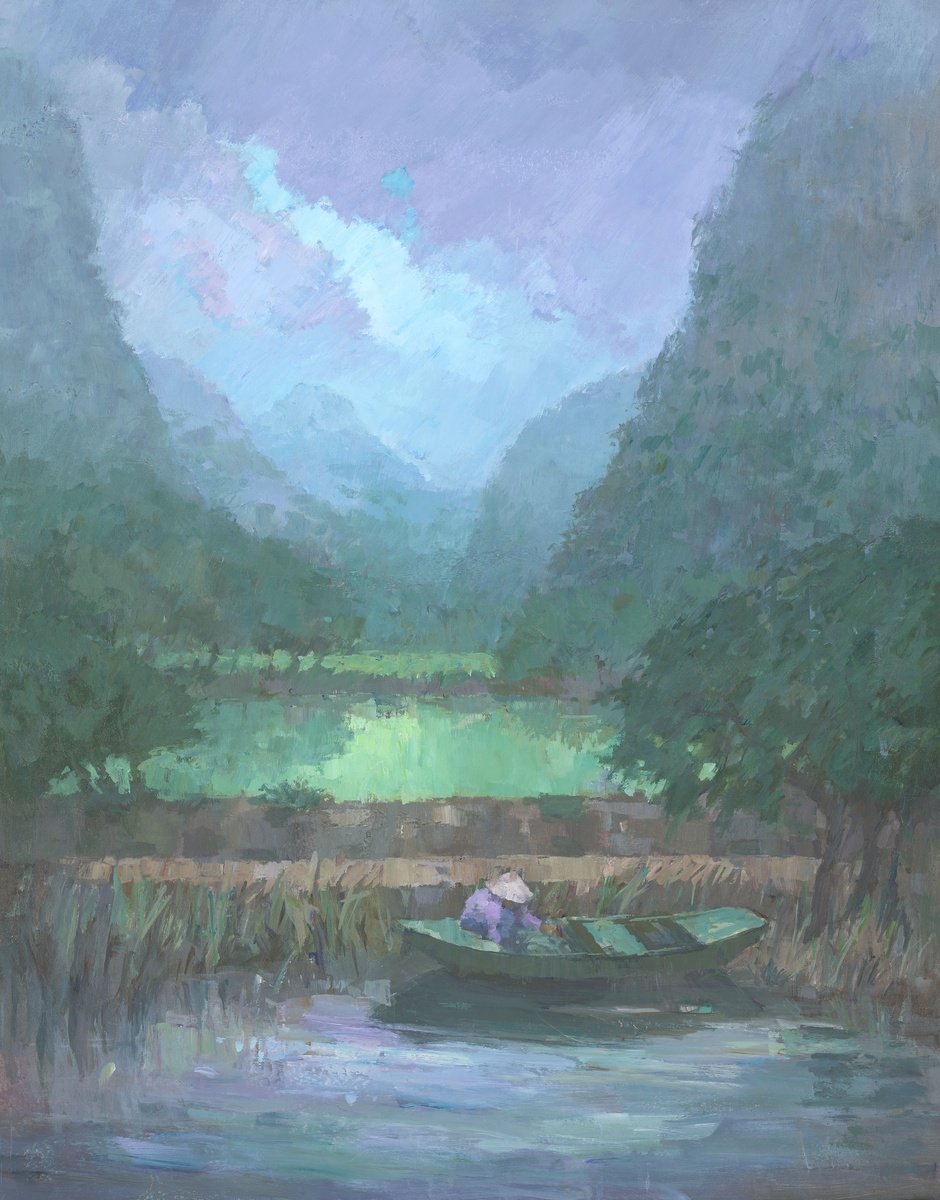 Impressionistic Landscape Acrylic Painting By Steve Mitchell, 25 X 31", Tam Coc, Vietnam, Original Artwork