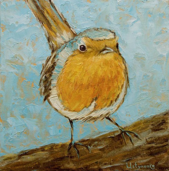 Curious bird. Portrait. Oil painting.