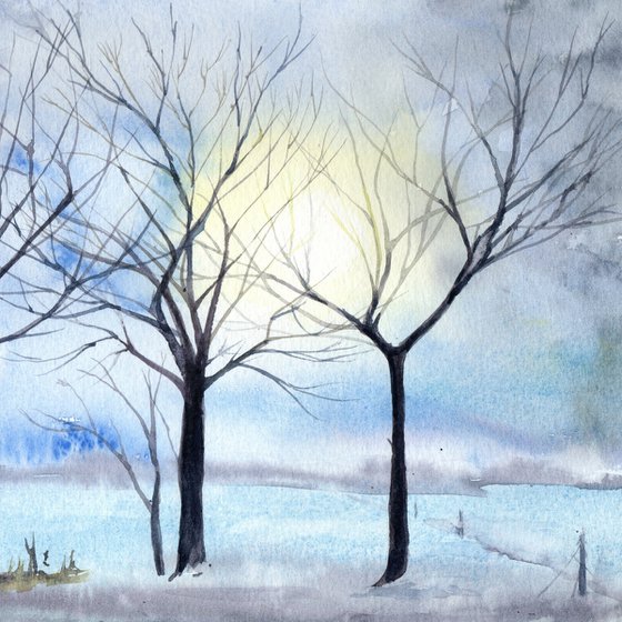 Winter landscape, original watercolour painting
