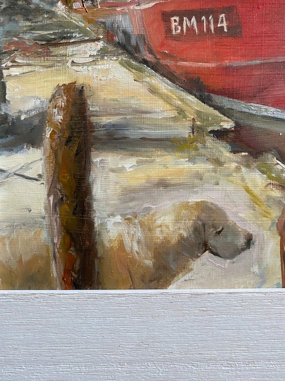 Red Boat; Whitstable Harbour-Impressionist oil painting.