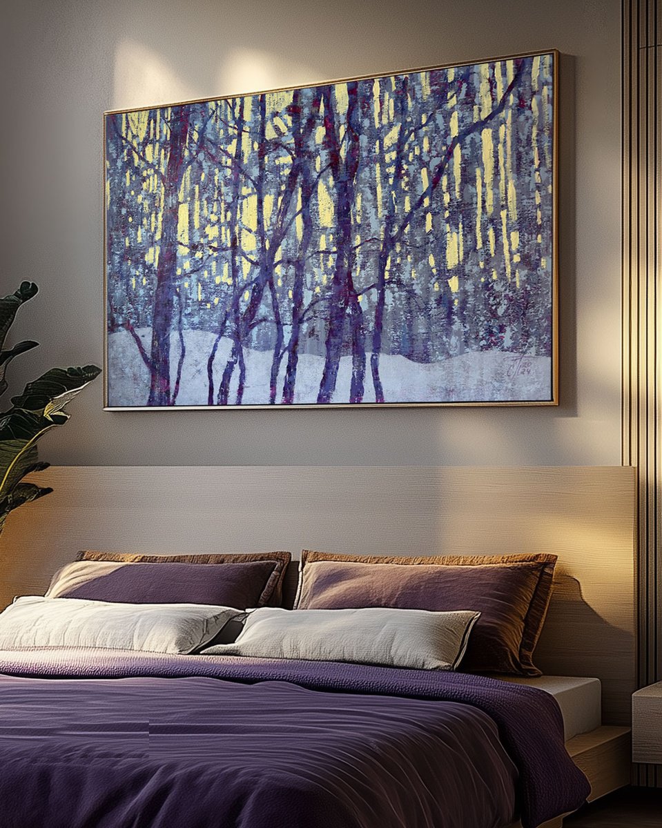 Illustrative Landscape Acrylic Painting By Ekaterina Prisich, 55 X 35, Lace Of The Evening Forest, Original Artwork