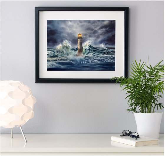 «Fearless»  - Lighthouse in storm - Lighthouse painting - Lighthouse storm - Storm waves - Stormy lighthouse - Stormy sea - Stormy sea watercolor