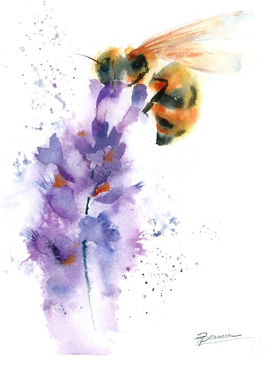 Bee on Lavender  - Original Watercolor Painting