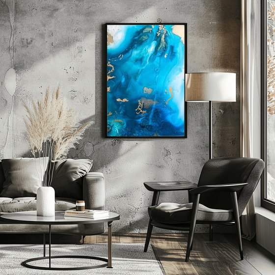 Ocean Blue Gold Fluid Painting