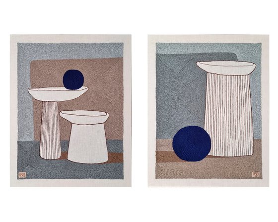 Large Diptych Textile Art. Vase Composition VI’23 and VII’23.
